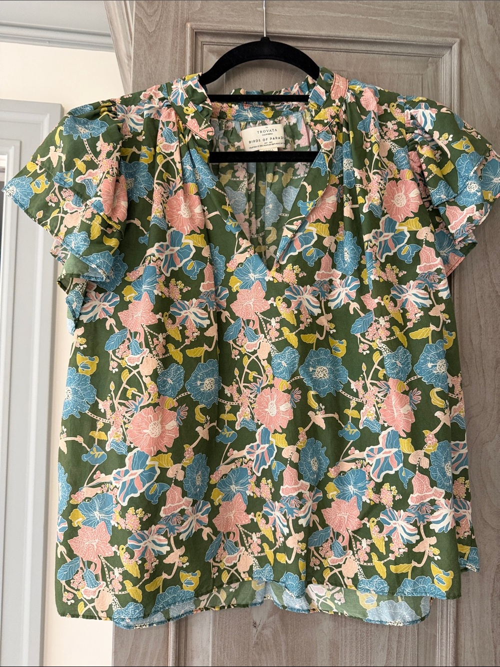 Trovata Green Floral Ruffle-Sleeve Blouse with Pink & Blue Flowers